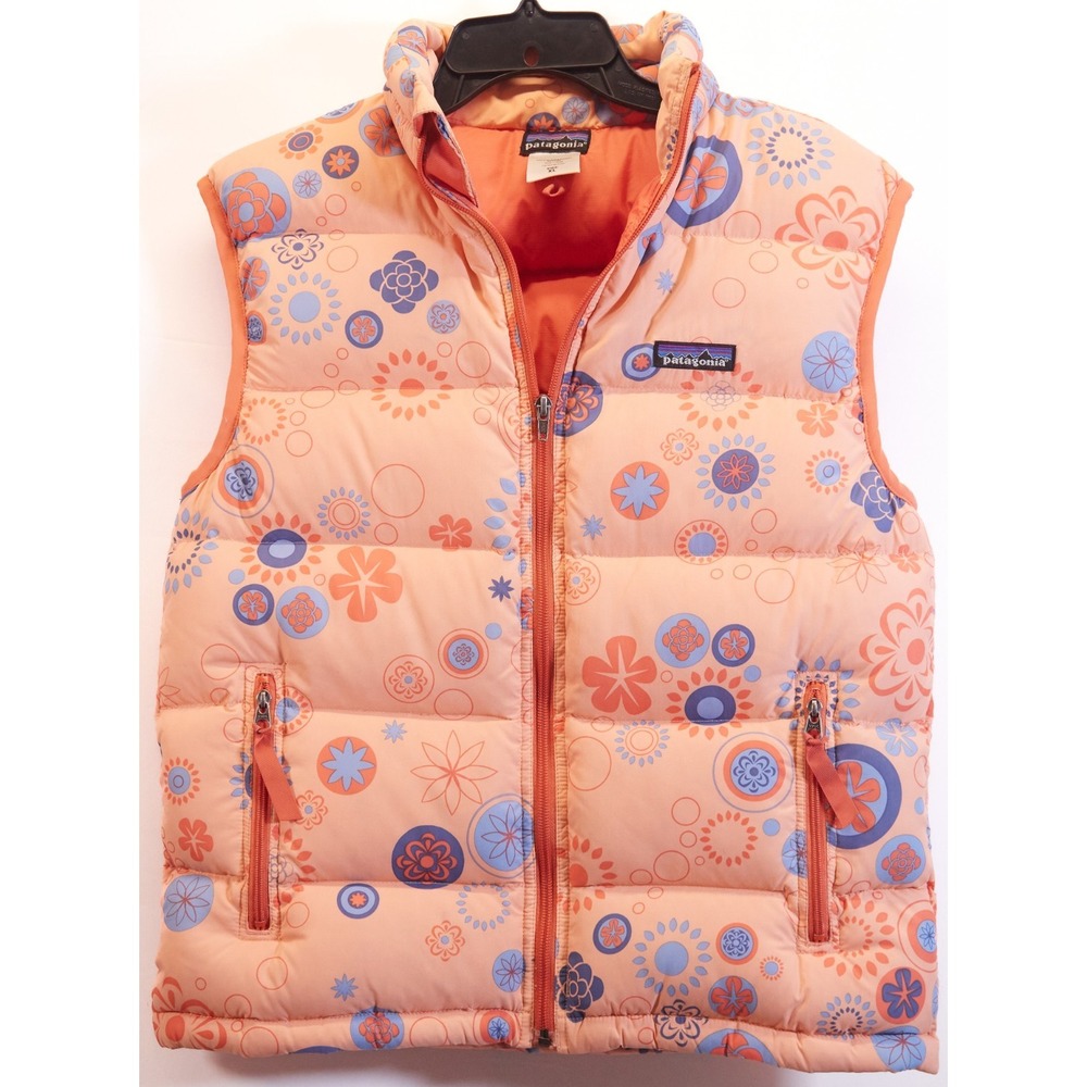 Patagonia‎ Vest Girls XL Goose Down Puffer Flowers Print Orange Floral Full Zip